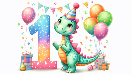 Obraz premium Adorable cartoon Parasaurolophus celebrating a child's first birthday with a bright and playful number 1 and festive balloons