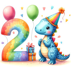 Naklejka premium Playful and vibrant Parasaurolophus illustration with a festive birthday theme, including a large number 2 and balloons