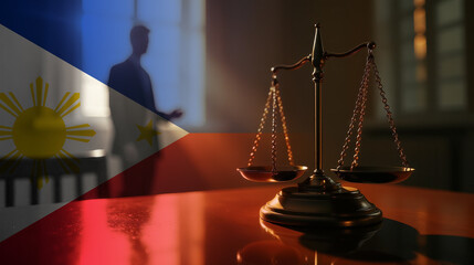 The scales of justice stand in front of the Philippines flag, symbolizing law, fairness, and the legal system. A concept of democracy and equality.