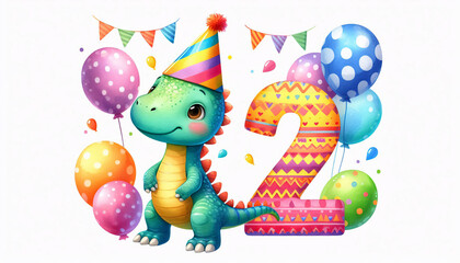 Obraz premium Playful watercolor dinosaur artwork featuring a festive Parasaurolophus, bright balloons, and a large number two for birthdays