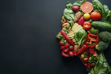 Human silhouette close up made from healthy food against background minimalism