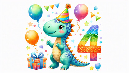Whimsical birthday clipart featuring a smiling Parasaurolophus dinosaur, a decorative number 4, and bright floating balloons