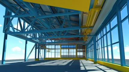 Empty industrial building interior with steel framework, large windows, and bright sunlight.