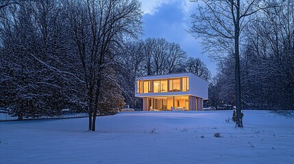 Modern Home with Elegant Architectural Design in a Snowy Winter Forest
