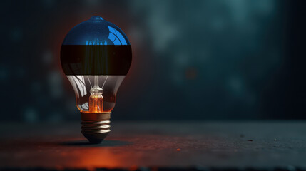 A patriotic concept: A light bulb with the Estonia flag design glowing in the dark, symbolizing ingenuity, technology, and energy independence