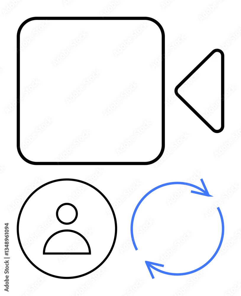 Poster camera icon paired with user profile and circular arrows, representing recording, video calls, user 