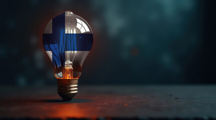 A patriotic concept: A light bulb with the Finland flag design glowing in the dark, symbolizing ingenuity, technology, and energy independence