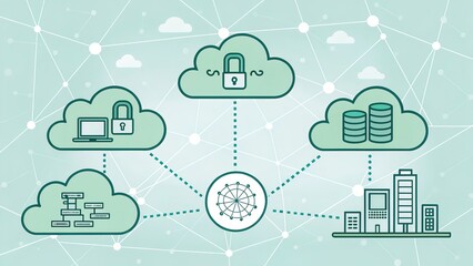 Modern conceptual 2D illustration of cloud technologies. Network connections, servers, security, and data storage. Generative AI.