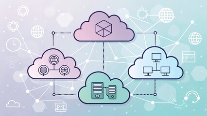 Modern conceptual 2D illustration of cloud technologies. Network connections, servers, security, and data storage. Generative AI.