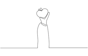 Palm of Hand with Heart Continuous Line Icon, hand print with heart pro vector illustration, One continuous line drawing of hand holding heart, white background.