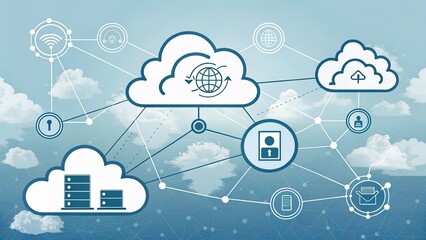Modern conceptual 2D illustration of cloud technologies. Network connections, servers, security, and data storage. Generative AI.