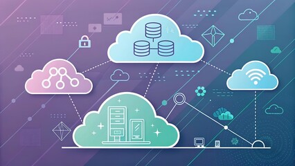 Modern conceptual 2D illustration of cloud technologies. Network connections, servers, security, and data storage. Generative AI.