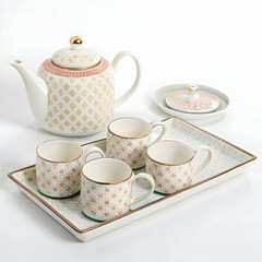 Elegant Tea Set Porcelain Teapot  Cups isolated on white background