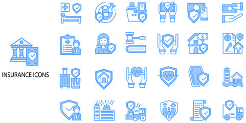Insurance simple concept 24 colour icons set. Contains such insurance, symbol, car, confidence,  .Vector illustration.