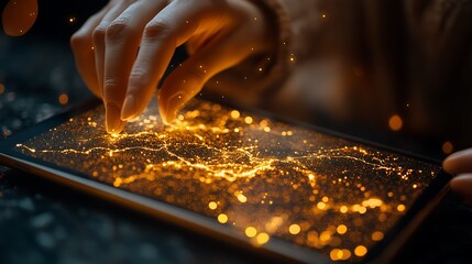 Woman's fingers interact with glowing digital map on tablet.