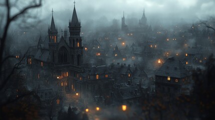 Fototapeta premium Dark Foggy Gothic City at Night
