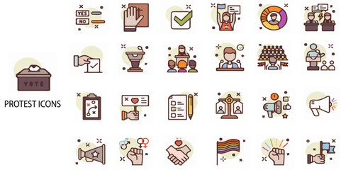 Obraz premium Protest simple concept 24 colour icons set. Contains such labor union, labor union, manpower, member .Vector illustration.