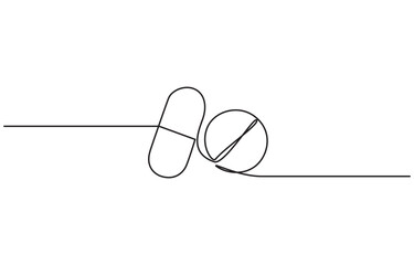 Continuous One Line Medicine Set with Pill Minimalist Healthcare Vector Illustration, Continuous one line of a medicine bottle with pills and capsules, hand drawn isolated on white background.