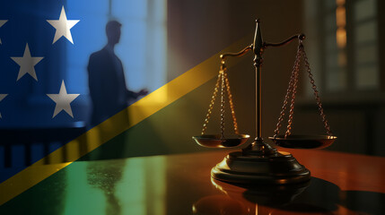 The scales of justice stand in front of the Solomon Islands flag, symbolizing law, fairness, and the legal system. A concept of democracy and equality.