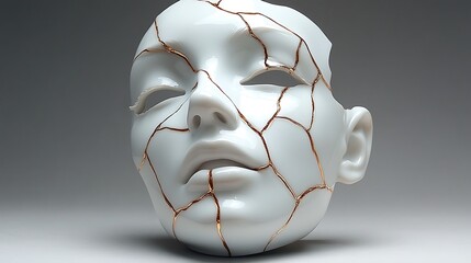 Broken porcelain face mask with gold cracks.