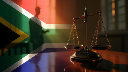 The scales of justice stand in front of the South Africa flag, symbolizing law, fairness, and the legal system. A concept of democracy and equality.