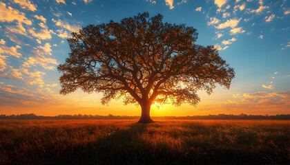 Fototapeta premium Majestic oak tree bathed in golden sunlight at the break of dawn