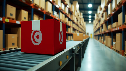 Fototapeta premium Tunisia parcel on a conveyor in a modern distribution center. Symbolizing trade, global exports, and the efficiency of logistics