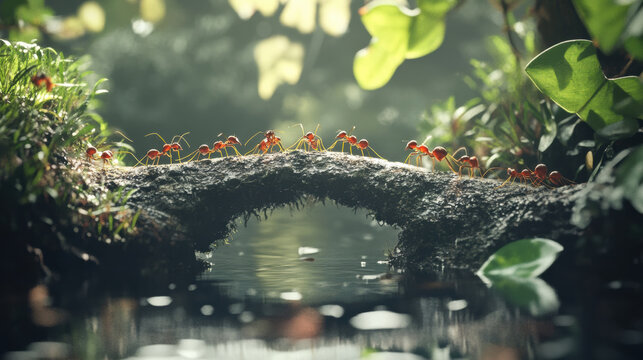 Ants create a pathway for other ants to cross. a natural environment, teamwork and natural behavior of the ants .