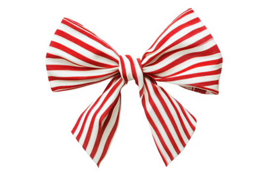 A cheerful red and white striped fabric bow, tied with festive flair, perfect for adding a touch of holiday cheer to any gift or celebration.
