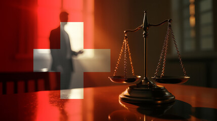 The scales of justice stand in front of the Switzerland flag, symbolizing law, fairness, and the legal system. A concept of democracy and equality.