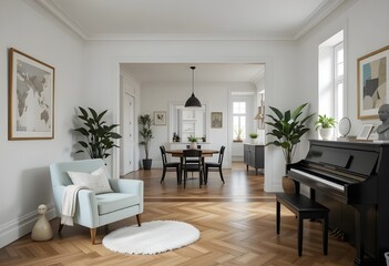 Stylish scandinavian living room with design mint sofa, furnitures, mock up poster map, plants and elegant personal accessories. Modern home decor. Open space with dining room. Template Ready to use.