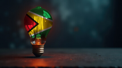A patriotic concept: A light bulb with the Guyana flag design glowing in the dark, symbolizing ingenuity, technology, and energy independence