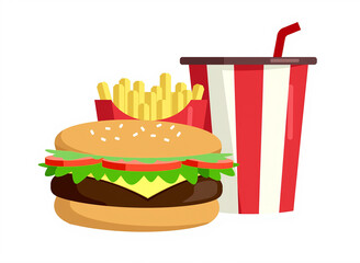 Delicious Burger, Fries, and Soda Illustration - White Background