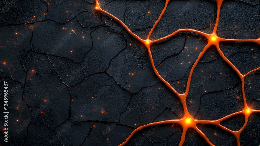 Poster glowing orange neural pathways branch across a dark, cracked surface, creating a visually striking n