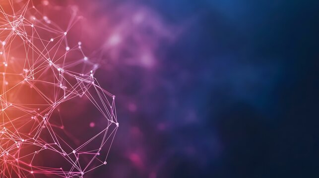 The image contains a plexus of interconnected nodes and lines, glowing in shades of pink and orange against a blurred dark blue and purple background.A glowing network of interconnected nodes and lin