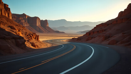 Fototapeta premium Winding Highway Through Rugged Mountainous Desert Landscape at Golden Hour