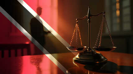 The scales of justice stand in front of the Trinidad and Tobago flag, symbolizing law, fairness, and the legal system. A concept of democracy and equality.