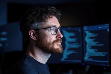 Focused individual working in dimly lit environment with dual mo