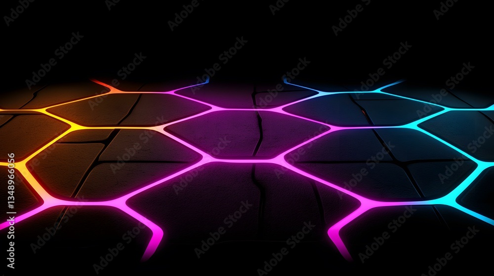 Aufkleber a dark, textured surface is illuminated by vibrant neon lines forming a hexagonal pattern, creating 