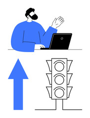 Person using laptop in VR headset waving hand, upward arrow symbolizing progress, and traffic light representing decision-making. Ideal for technology, remote work, progress, virtual reality