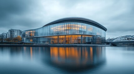 Fototapeta premium Modern Convention Center Reflecting on Calm River at Dusk