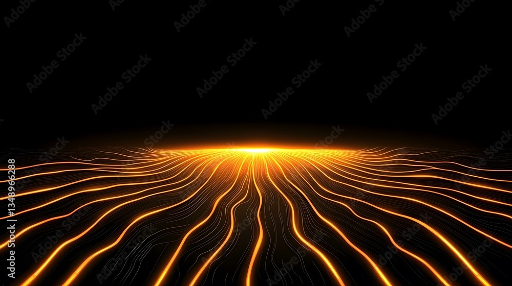 Poster the image shows a dark background with glowing orange lines forming wavy, converging patterns that a