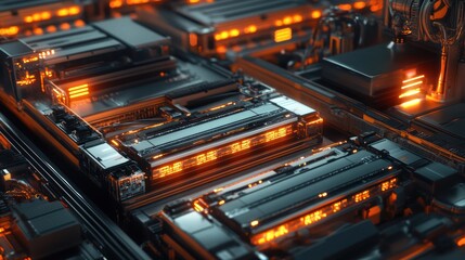 Glowing server rack components, data center, high-tech background, digital technology illustration