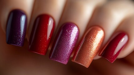 A hand brightly colored manicure. Polished nails are various hues of pink, blue, orange, and yellow.