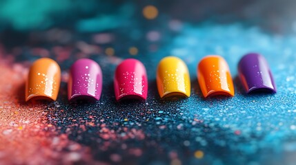 fingernails are painted in a spectrum of pink, purple, and blue nail polish.