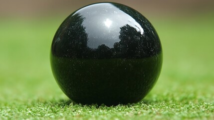 Shiny black sphere on green surface.