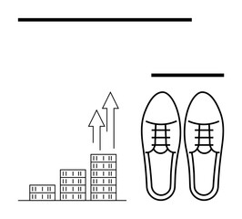 Stacked bar chart with upward arrows symbolizing growth beside formal shoes, reflecting progress and success. Ideal for professional growth, entrepreneurship, finance, career development, business