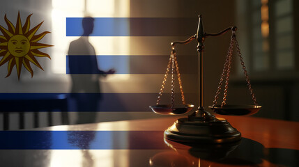 The scales of justice stand in front of the Uruguay flag, symbolizing law, fairness, and the legal system. A concept of democracy and equality.