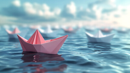 Obraz premium Pink origami boat leading a fleet of white boats