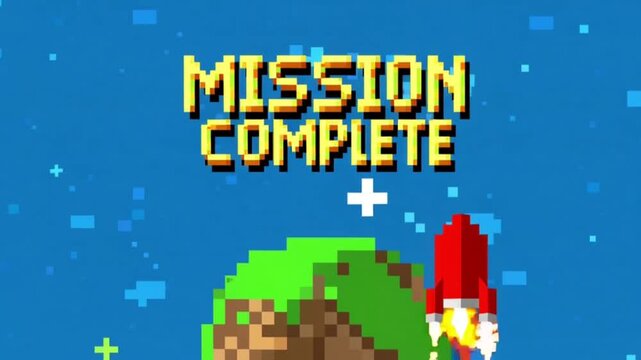 Pixel style retro animation showing a red rocket landing on a small pixel planet with the words Mission Complete